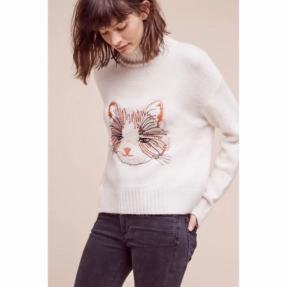 Anthropologie Moth Women's White Cat Embroidered Sweater